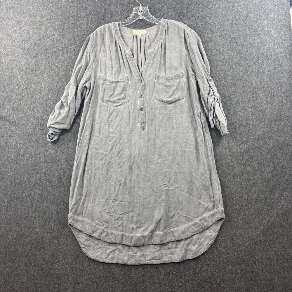 Cloth & Stone Dress Women's Medium Gray Charcoal Roll Tab Sleeve Pockets Buttons